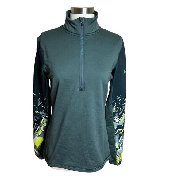 Nike Pro HyperWarm Pullover Womens Large Dark Blue Green 1/2 Zip Camo Sleeves - Picture 1 of 12